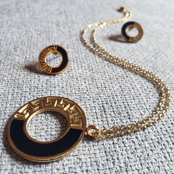Jewelry - Gold & Black Grecian Necklace w/ Matching Earrings